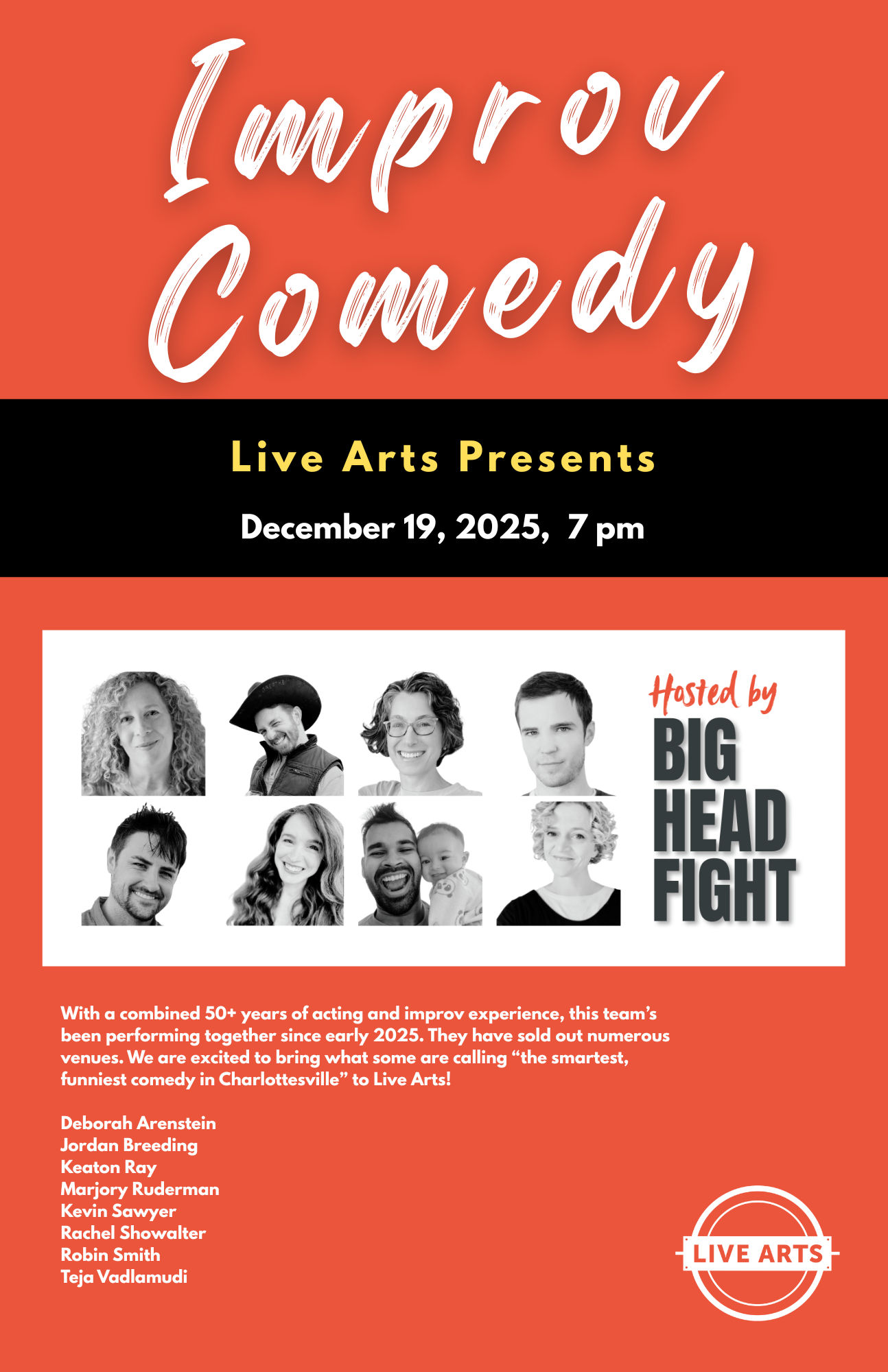 poster for Improv Comedy hosted by Big Head Fight at Live Arts December 19, 2025